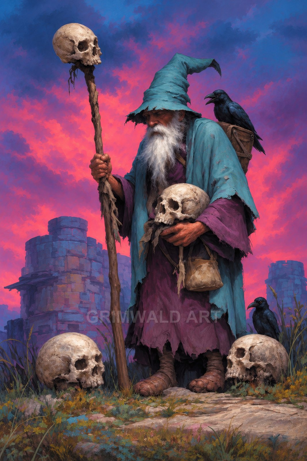 An elderly bearded wizard in tattered robes holds a skull-topped staff amid ruined towers, with ravens perched nearby under a purple-pink twilight sky.