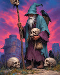 GRID THUMBNAIL — An elderly bearded wizard in tattered robes holds a skull-topped staff amid ruined towers, with ravens perched nearby under a purple-pink twilight sky.