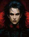 GRID THUMBNAIL — Androgynous pale figure with long black hair, high-collared black attire and red background, direct stare, gothic dark fantasy portrait illustration.
