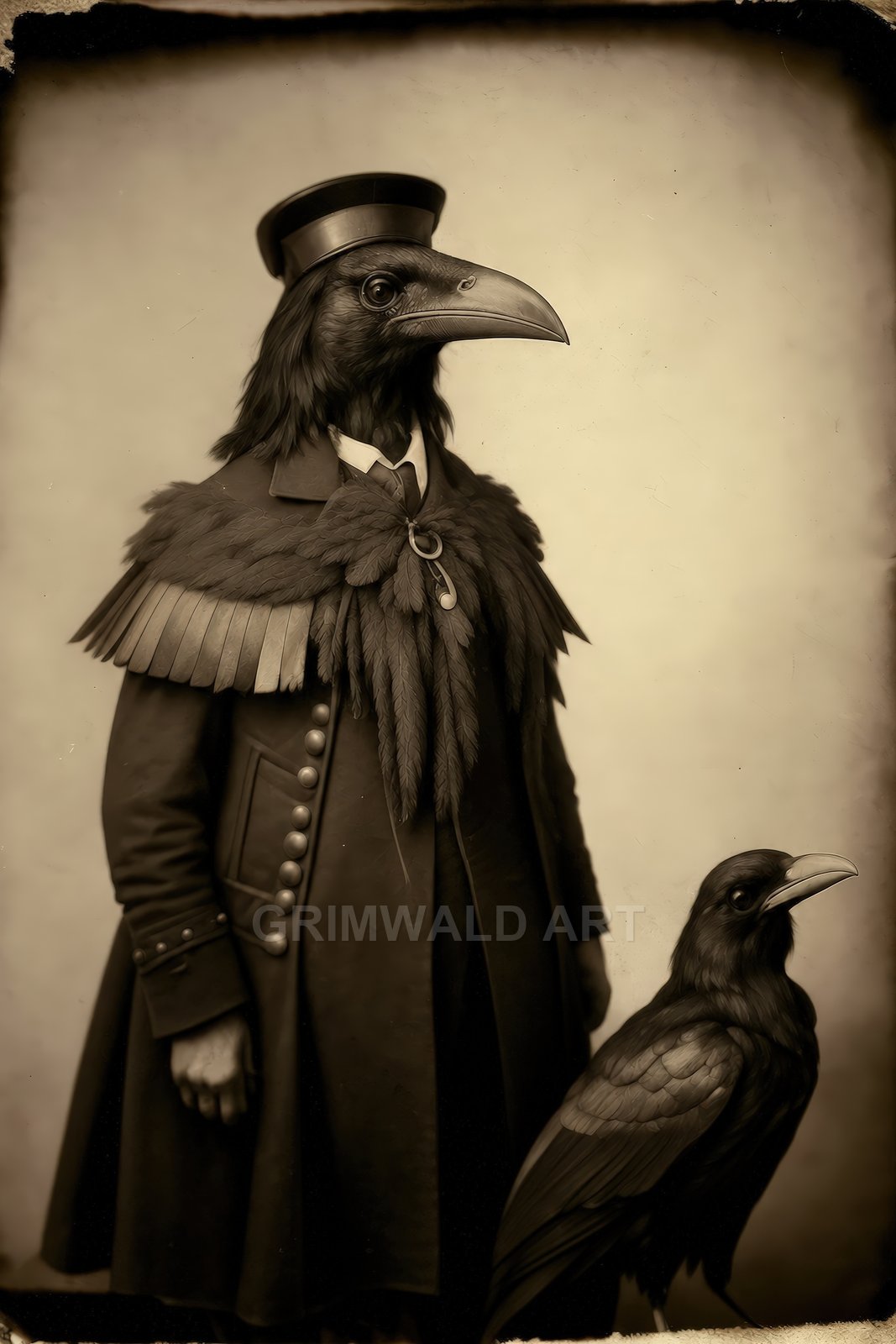 Sepia-toned studio portrait of a raven-headed plague doctor in a buttoned coat and cap, draped in feathers, standing beside a vigilant raven.