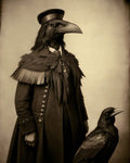 GRID THUMBNAIL — Sepia-toned studio portrait of a raven-headed plague doctor in a buttoned coat and cap, draped in feathers, standing beside a vigilant raven.