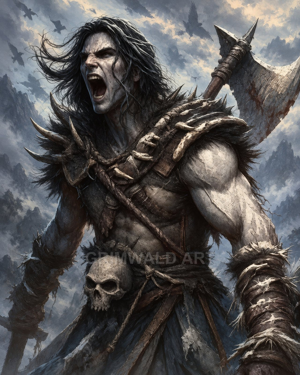 Roaring male barbarian with battle axe, fur and bone armour, skull trophy at waist, ravens circling over rugged mountain peaks under cloudy sky.
