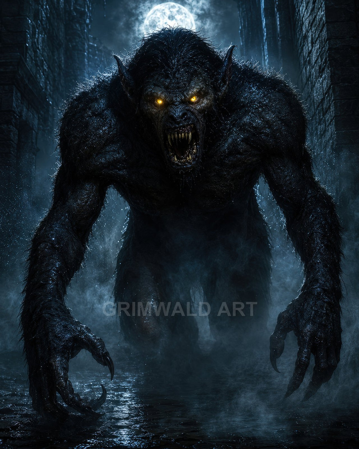 A towering werewolf snarls in a wet stone alley, glowing yellow eyes, sharp fangs and claws, full moon backlight, dark misty night.