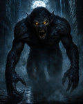GRID THUMBNAIL — A towering werewolf snarls in a wet stone alley, glowing yellow eyes, sharp fangs and claws, full moon backlight, dark misty night.