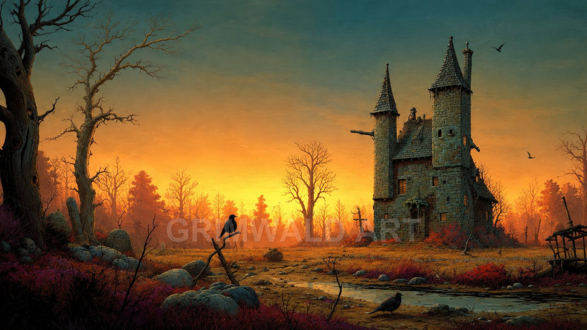A solitary stone tower beside a narrow stream at sunset, framed by leafless trees, autumn colours and perched ravens in a quiet forest.