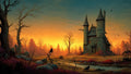 GRID THUMBNAIL — A solitary stone tower beside a narrow stream at sunset, framed by leafless trees, autumn colours and perched ravens in a quiet forest.