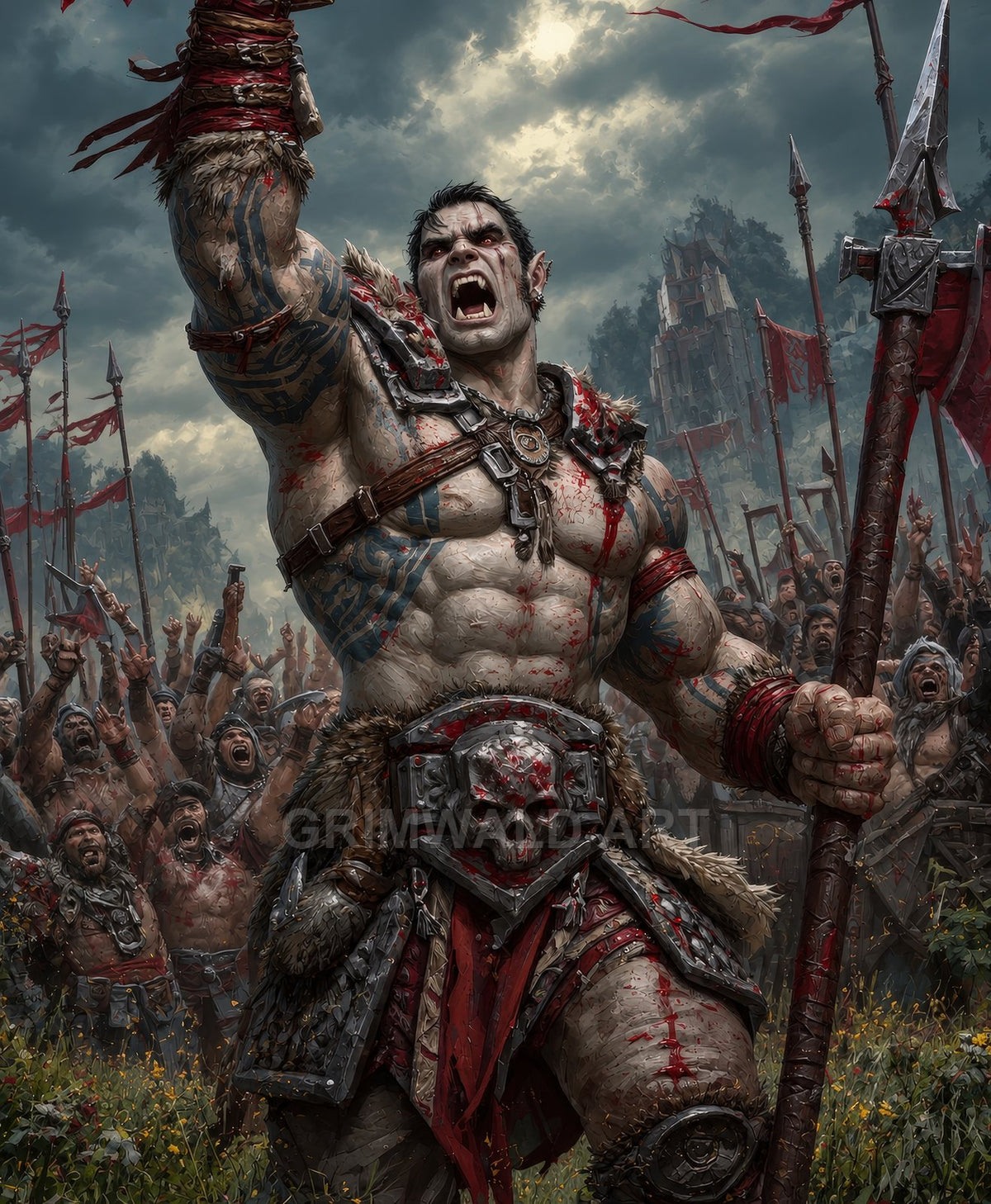A towering orc barbarian, blood-smeared and tattooed, raises a spear before a cheering warband, stormlit skies and a distant fortress behind.