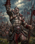 GRID THUMBNAIL — A towering orc barbarian, blood-smeared and tattooed, raises a spear before a cheering warband, stormlit skies and a distant fortress behind.
