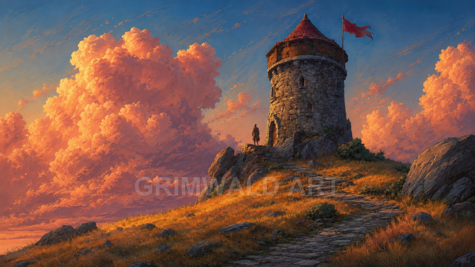 Stone watchtower with a red flag on a rocky hill above a winding path, beneath dramatic orange sunset clouds and a deep blue sky.