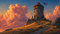 GRID THUMBNAIL — Stone watchtower with a red flag on a rocky hill above a winding path, beneath dramatic orange sunset clouds and a deep blue sky.