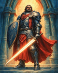 GRID THUMBNAIL — Armoured paladin with red cape stands before a stone archway, holding a glowing sword and decorated shield, bathed in warm golden backlight.
