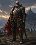 GRID THUMBNAIL — Elderly armoured knight with tattered red cape stands on rocky mountain ledge at golden hour, sword grounded, gothic castle and misty valley behind.