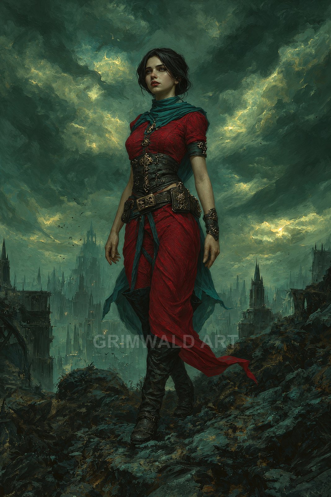 A determined woman in red and teal robes strides across ruins before a stormlit gothic city, teal clouds swirling overhead, leather belts and boots visible.