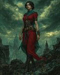 GRID THUMBNAIL — A determined woman in red and teal robes strides across ruins before a stormlit gothic city, teal clouds swirling overhead, leather belts and boots visible.