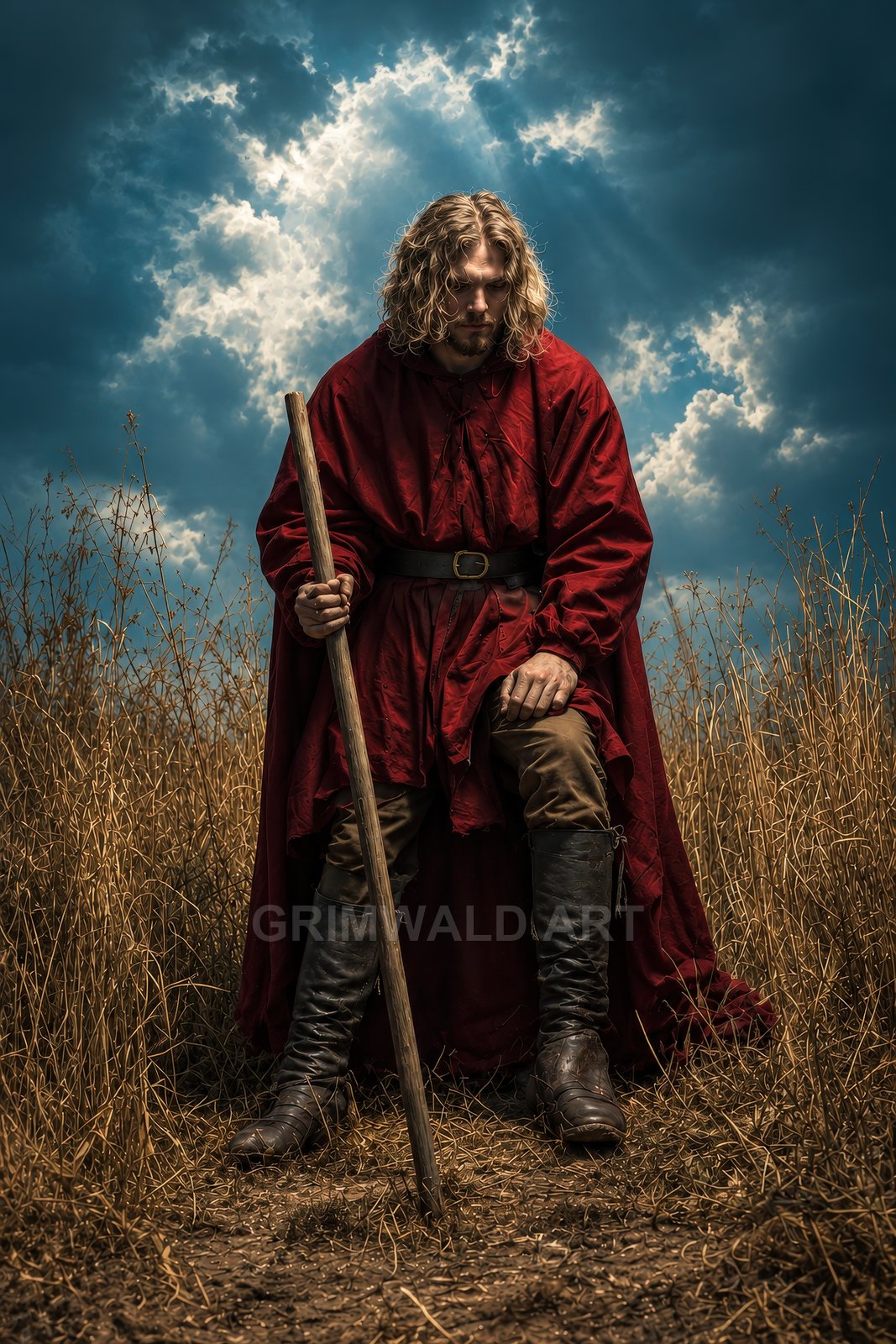 A lone male traveller in a red cloak stands in a dry field with a wooden staff beneath dramatic stormlit clouds and sunrays.