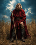 GRID THUMBNAIL — A lone male traveller in a red cloak stands in a dry field with a wooden staff beneath dramatic stormlit clouds and sunrays.