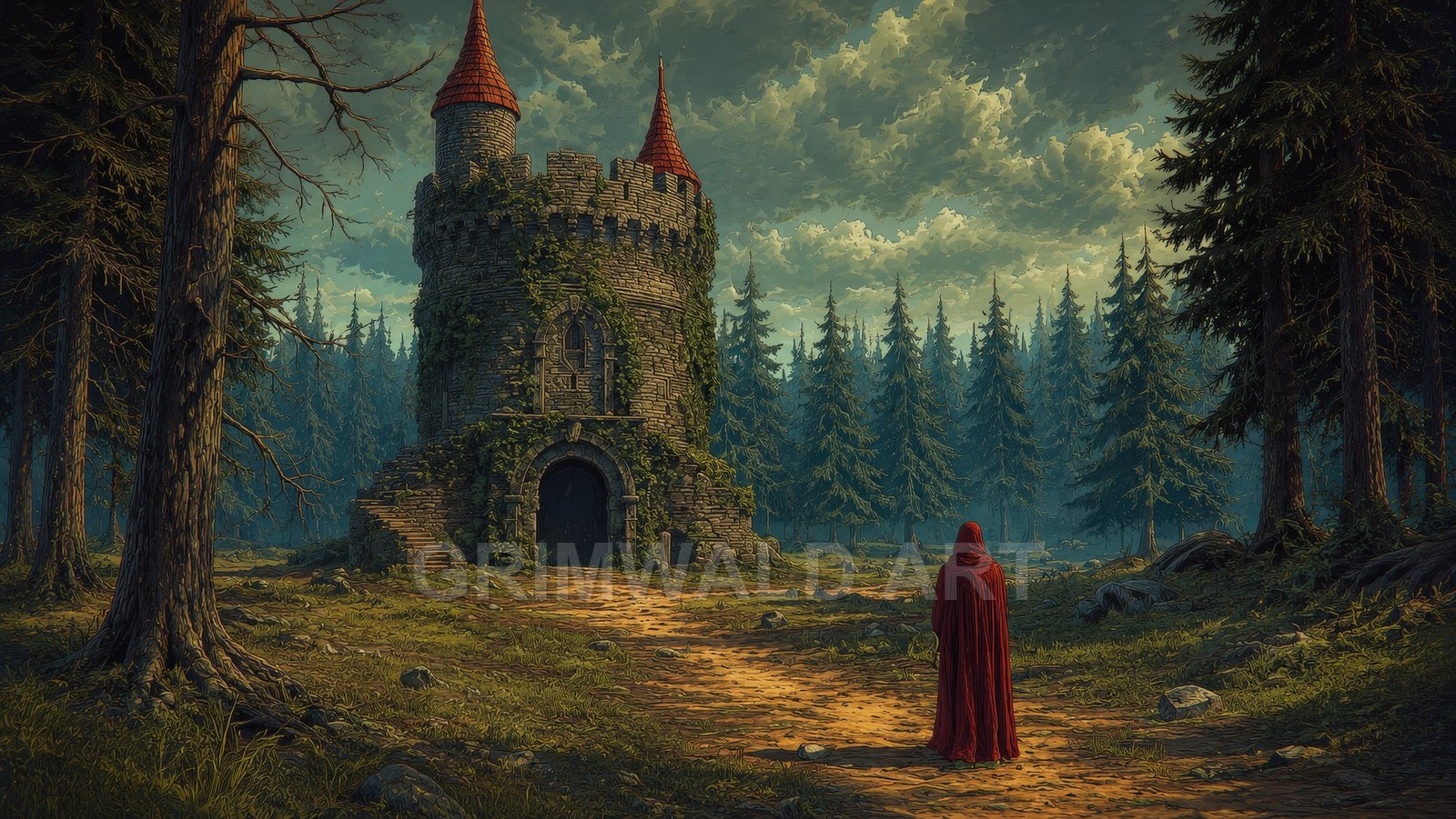 A cloaked figure in red stands on a forest path before an ivy-covered round stone tower under moody clouds during golden-hour light.