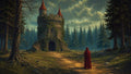 GRID THUMBNAIL — A cloaked figure in red stands on a forest path before an ivy-covered round stone tower under moody clouds during golden-hour light.