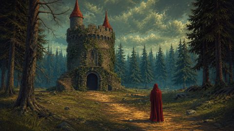 GRID THUMBNAIL — A cloaked figure in red stands on a forest path before an ivy-covered round stone tower under moody clouds during golden-hour light.