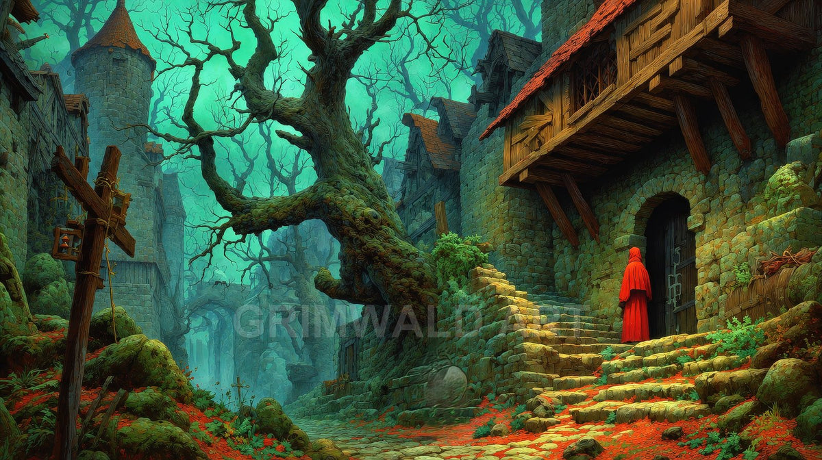 Moss-covered medieval ruins with twisted leafless tree, teal mist and towers, red-cloaked figure climbing stone steps toward a heavy wooden door.