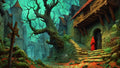 GRID THUMBNAIL — Moss-covered medieval ruins with twisted leafless tree, teal mist and towers, red-cloaked figure climbing stone steps toward a heavy wooden door.