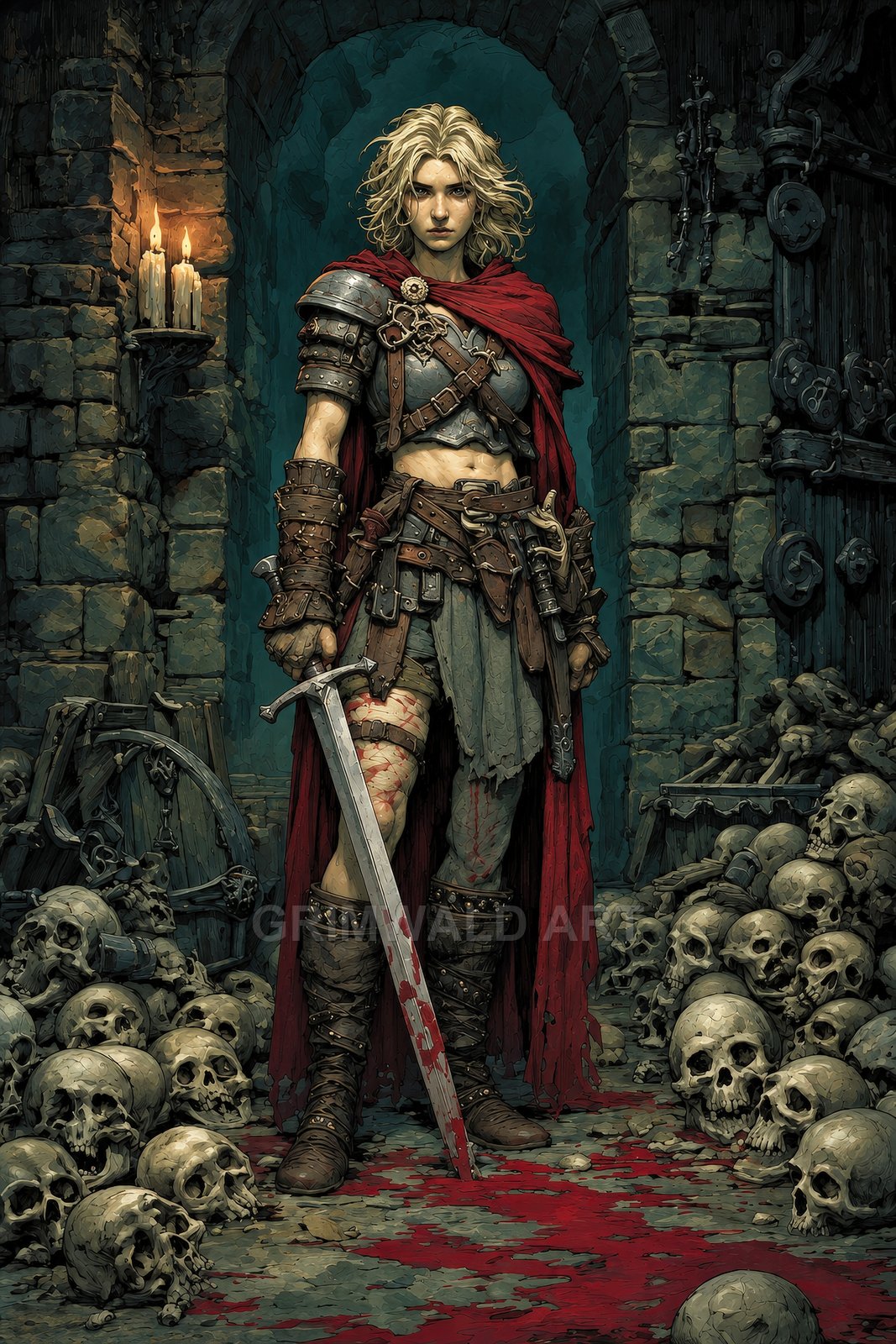 Armoured woman with a red cloak stands in a stone dungeon, holding a bloodied sword amid piles of skulls and candles, stern and battle-scarred.