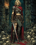 GRID THUMBNAIL — Armoured woman with a red cloak stands in a stone dungeon, holding a bloodied sword amid piles of skulls and candles, stern and battle-scarred.
