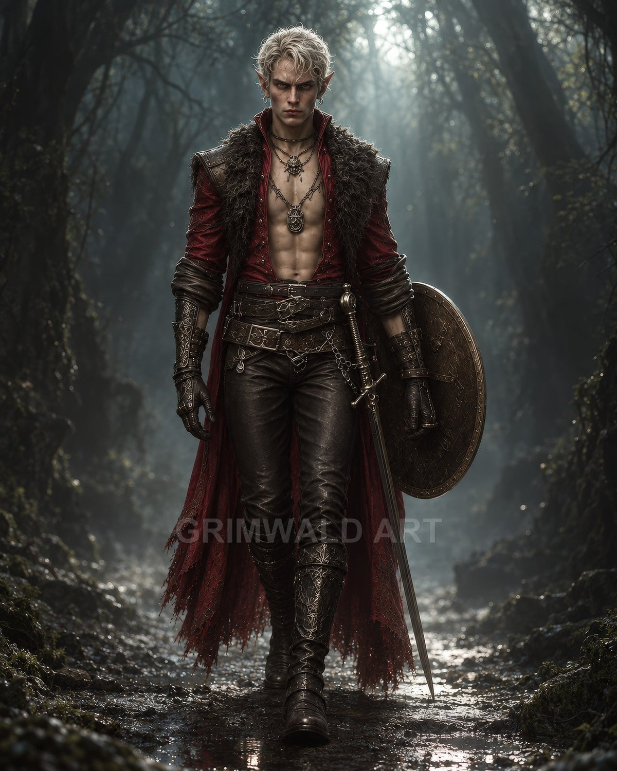An elf warrior in a red, fur-collared coat strides through a misty forest, carrying a sword and round shield, pale-haired and armoured.