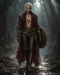 GRID THUMBNAIL — An elf warrior in a red, fur-collared coat strides through a misty forest, carrying a sword and round shield, pale-haired and armoured.