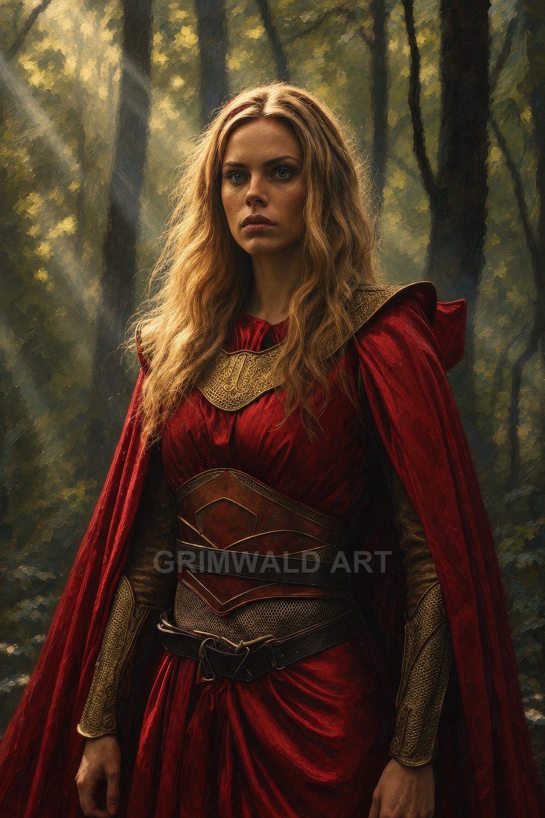 A resolute female warrior in a red cloak and ornate gold armour stands amid a sun-dappled forest, warm shafts of light streaking through trees.