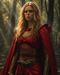GRID THUMBNAIL — A resolute female warrior in a red cloak and ornate gold armour stands amid a sun-dappled forest, warm shafts of light streaking through trees.