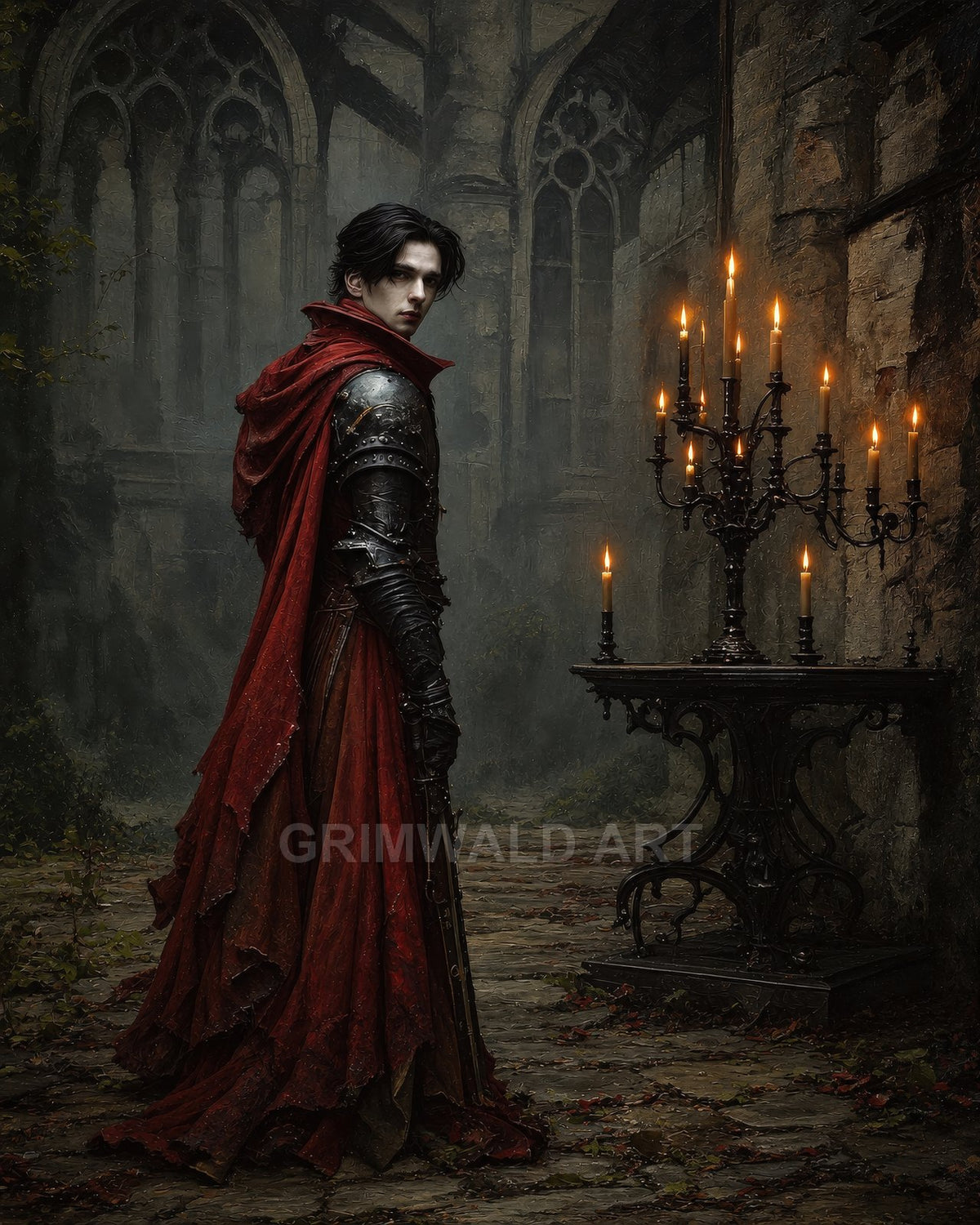 A pale, dark-haired armoured man in a tattered red cloak stands by a candlelit candelabrum within a crumbling gothic cathedral ruin.