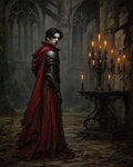 GRID THUMBNAIL — A pale, dark-haired armoured man in a tattered red cloak stands by a candlelit candelabrum within a crumbling gothic cathedral ruin.