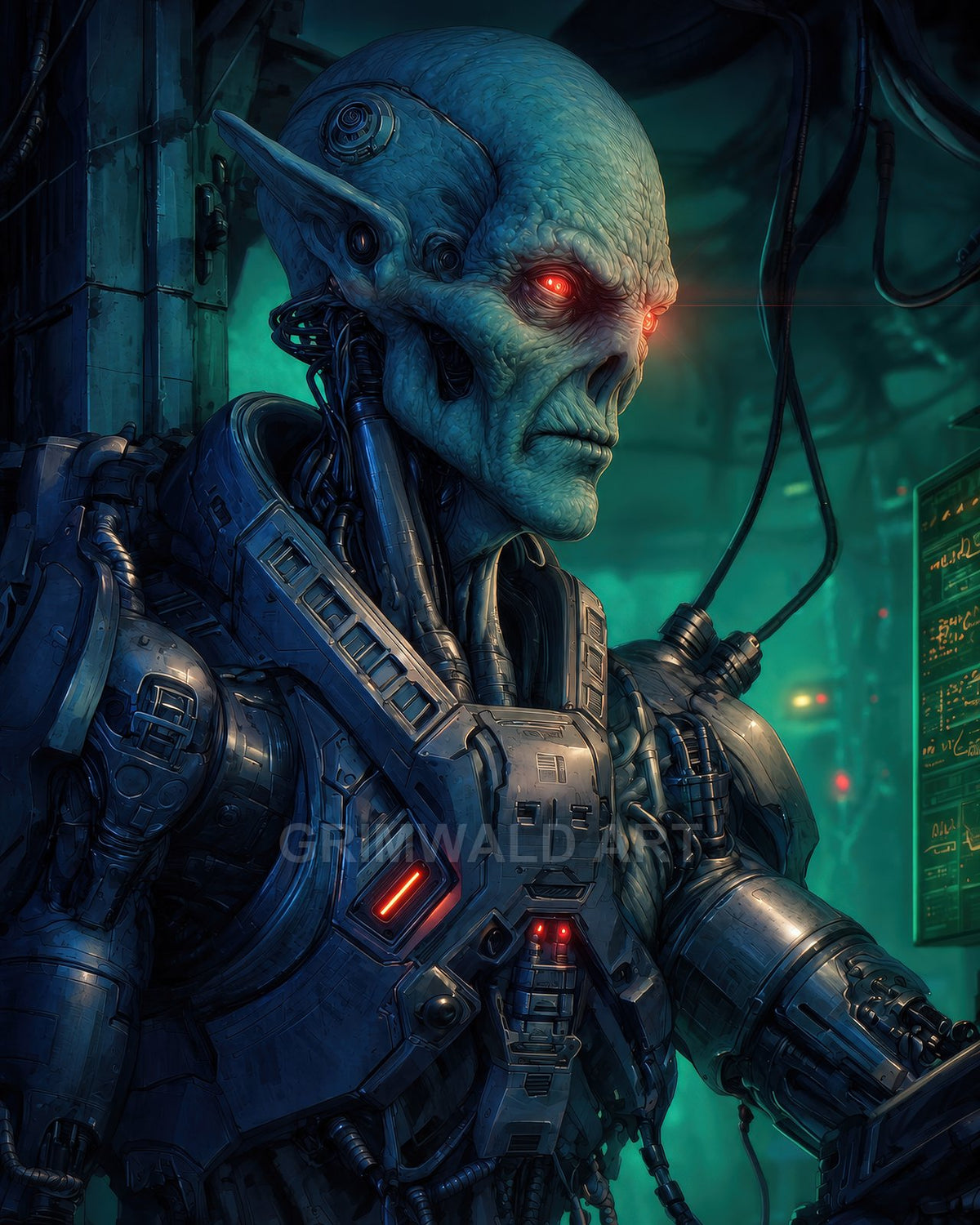 Blue-skinned alien cyborg with glowing red eyes and heavy biomechanical armour stands in a dark high-tech interior beside illuminated holographic screens.