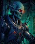 GRID THUMBNAIL — Blue-skinned alien cyborg with glowing red eyes and heavy biomechanical armour stands in a dark high-tech interior beside illuminated holographic screens.