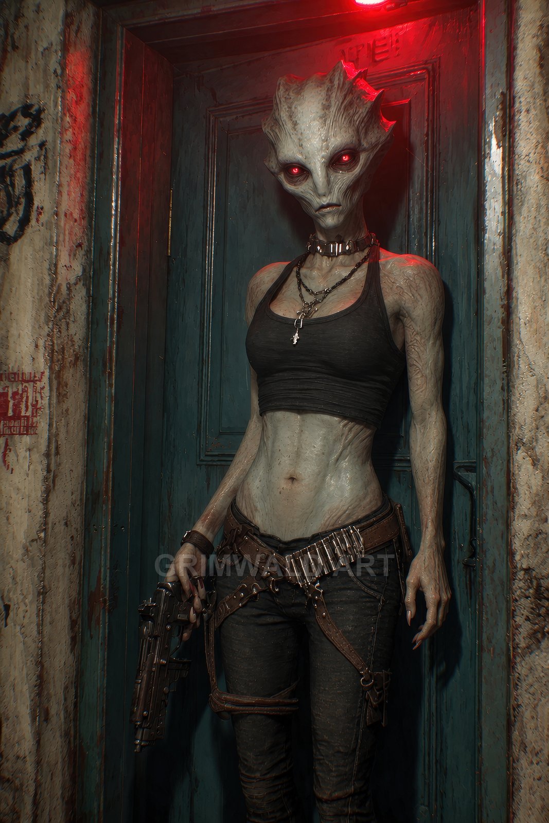 Alien figure with red glowing eyes, holding a futuristic pistol, standing in a gritty doorway under red neon light, wearing black top and belts.