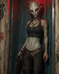 GRID THUMBNAIL — Alien figure with red glowing eyes, holding a futuristic pistol, standing in a gritty doorway under red neon light, wearing black top and belts.