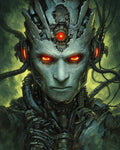 GRID THUMBNAIL — Close-up portrait of a cybernetic android with glowing red eyes and central forehead lens, surrounded by cables and mechanical plating on a green background.