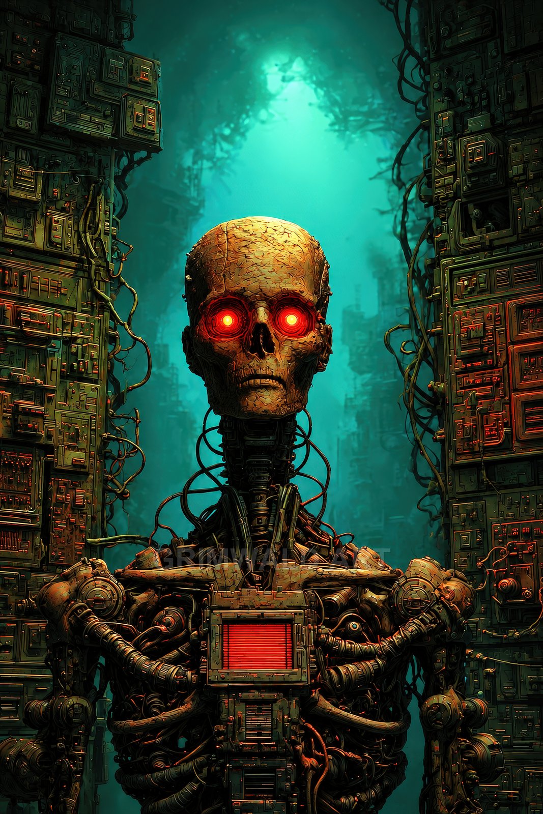 A skeletal android with cracked skull and glowing red eyes stands amid tangled cables and circuit panels, lit by teal light in an industrial chamber.