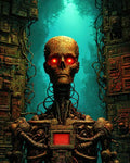 GRID THUMBNAIL — A skeletal android with cracked skull and glowing red eyes stands amid tangled cables and circuit panels, lit by teal light in an industrial chamber.