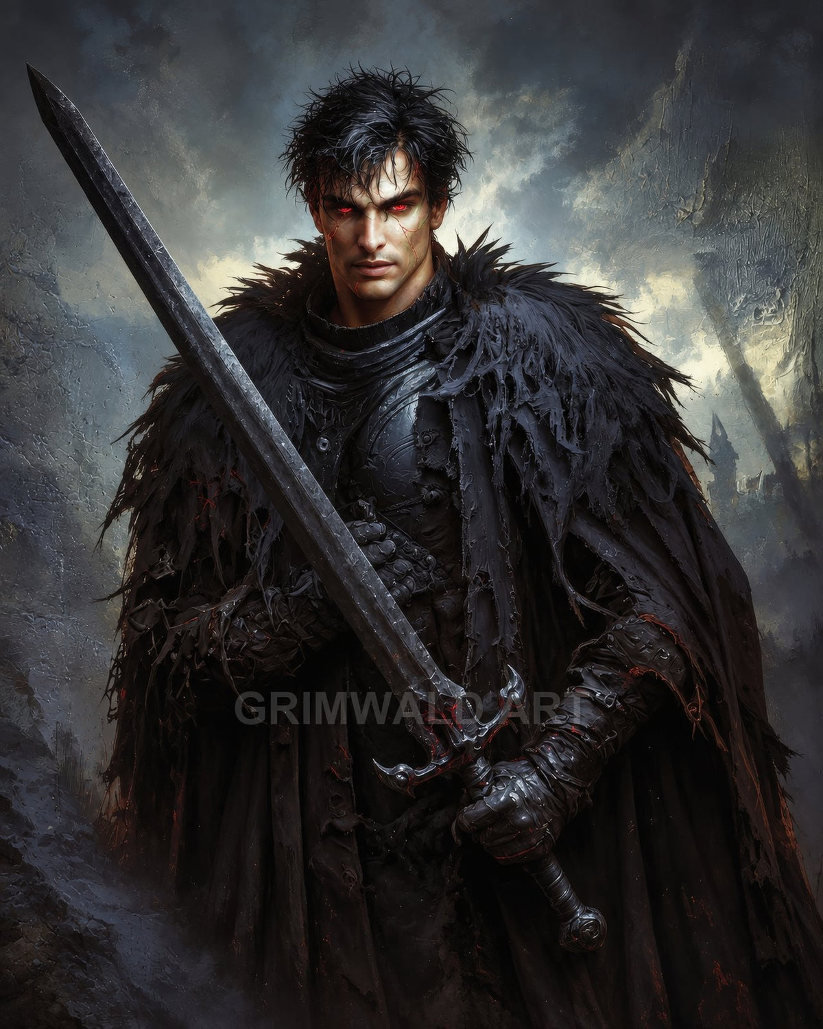 Male warrior in ragged black armour holds a two-handed sword, red eyes glowing, set before stormy skies and crumbling ruins.