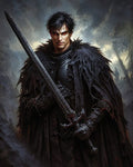 GRID THUMBNAIL — Male warrior in ragged black armour holds a two-handed sword, red eyes glowing, set before stormy skies and crumbling ruins.