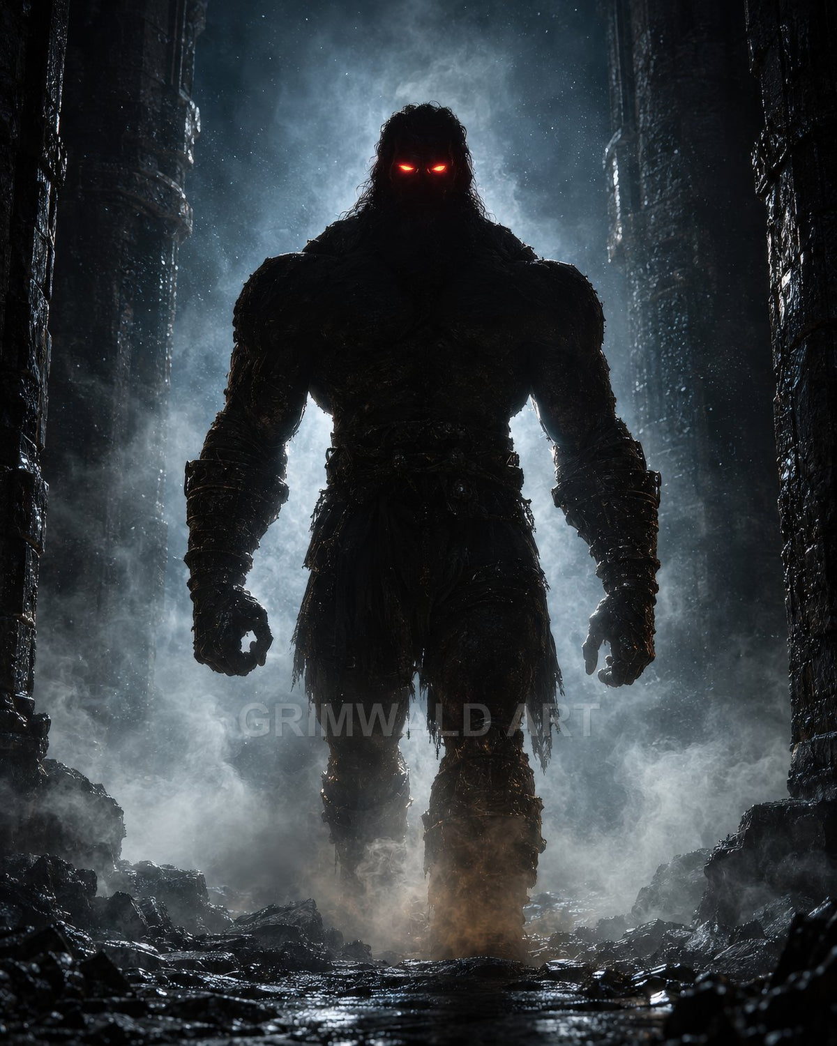 Towering demonic figure with glowing red eyes strides through mist-filled stone ruins, backlit by cold moonlight, its hulking silhouette dominating the scene.