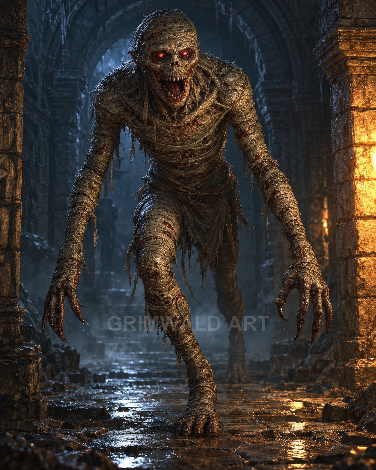 A ragged, bandage-wrapped undead mummy stalks through a torchlit crypt, glowing red eyes and long claws bared amid wet stone arches.