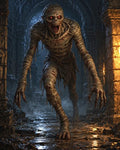 GRID THUMBNAIL — A ragged, bandage-wrapped undead mummy stalks through a torchlit crypt, glowing red eyes and long claws bared amid wet stone arches.