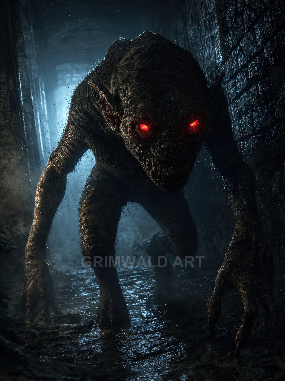Ferocious hunched demon with glowing red eyes and long claws prowls through a wet stone dungeon corridor, lit by cold blue moonlight.
