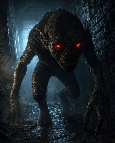 GRID THUMBNAIL — Ferocious hunched demon with glowing red eyes and long claws prowls through a wet stone dungeon corridor, lit by cold blue moonlight.