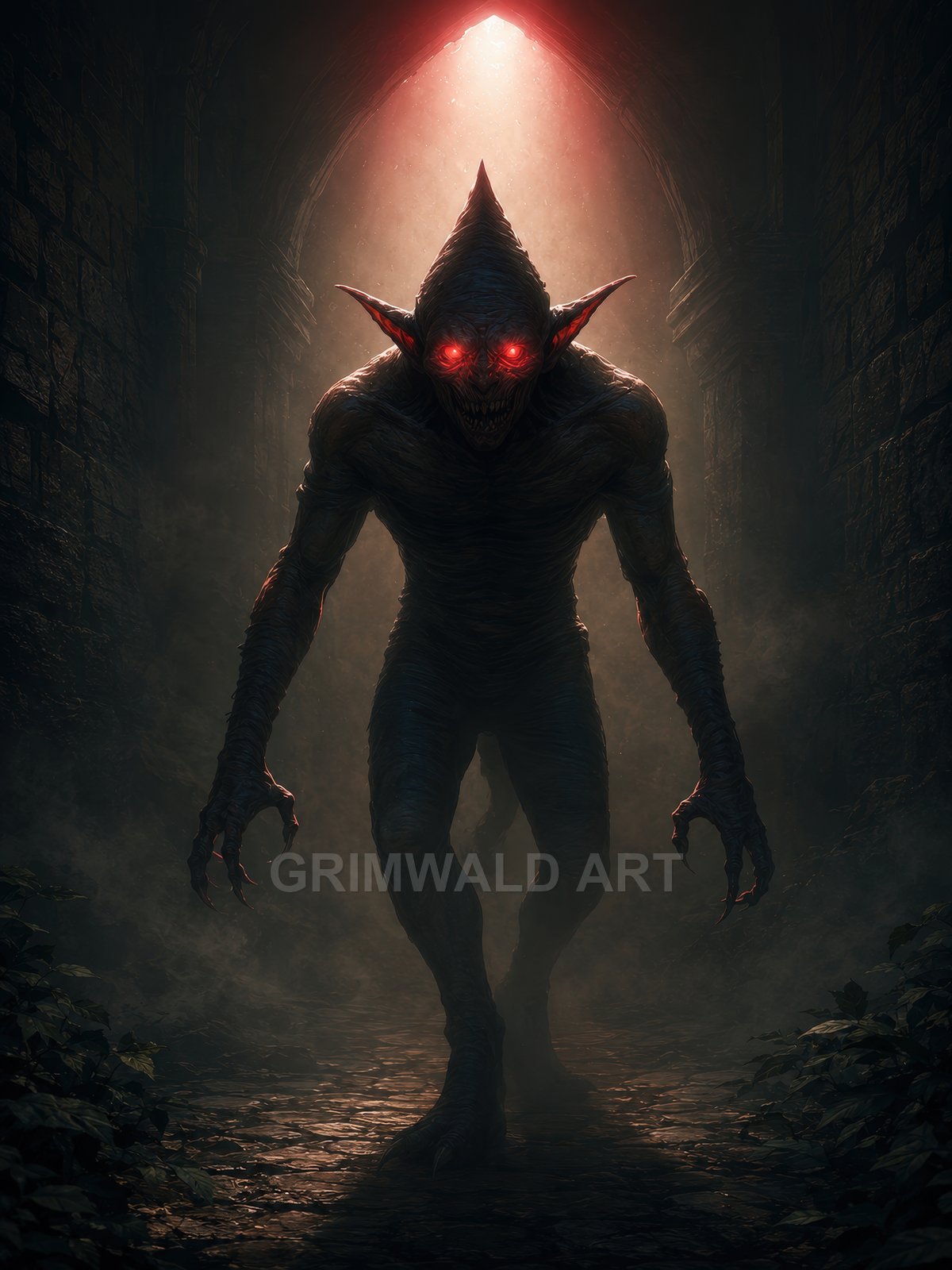 A towering red-eyed demon with claws prowls through a dark stone corridor under a blood-red light, shrouded in mist and shadow.