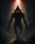 GRID THUMBNAIL — A towering red-eyed demon with claws prowls through a dark stone corridor under a blood-red light, shrouded in mist and shadow.