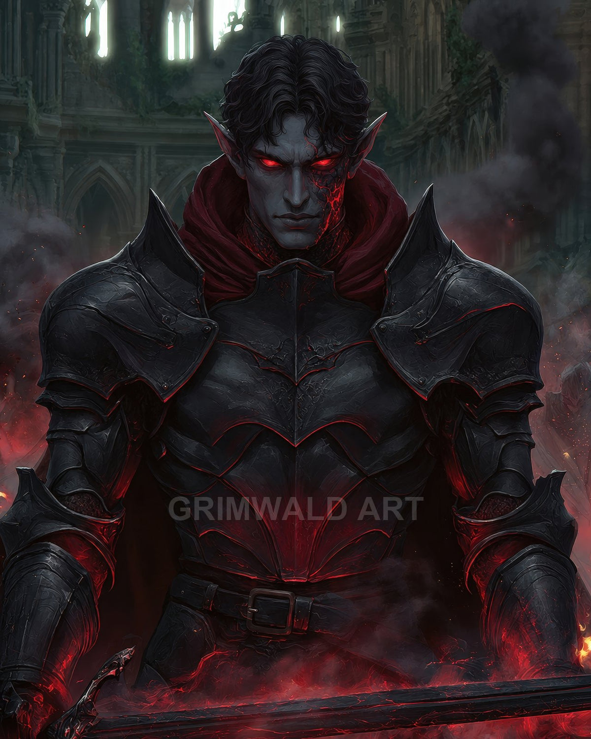 Armoured dark elf with glowing red eyes grips a fiery sword amid swirling smoke, standing before a crumbling gothic cathedral interior.